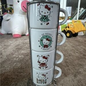 Set Of 4 Sanrio Hello Kitty Christmas Stacking Espresso Mugs 3oz W/Stand Clean